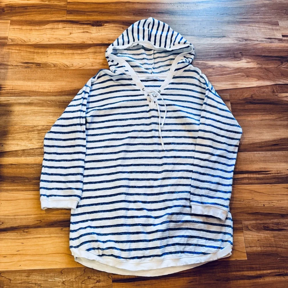 Keren Hart Striped Hooded Lace Up Top Blue White Size XL - Picture 3 of 9